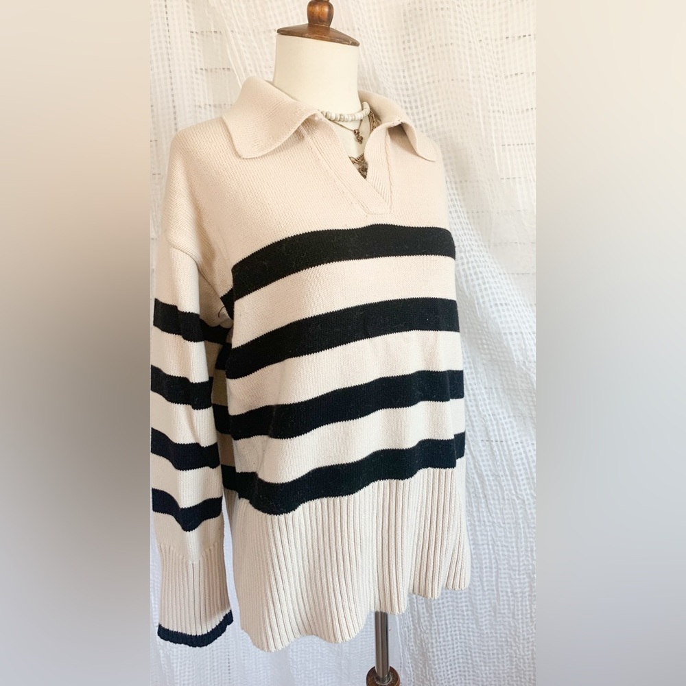 Cream and Black Striped V-Neck Sweater
